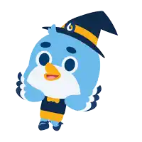 a cartoon bird wearing a witch hat with a letter b on it
