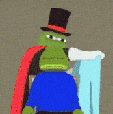 a cartoon frog wearing a top hat and cape is standing next to another frog wearing a blue shirt .