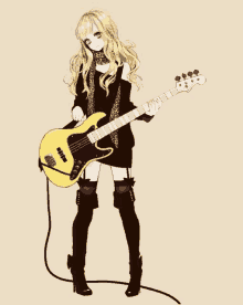 a girl with blonde hair is holding a yellow guitar