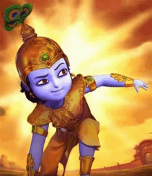 a cartoon krishna with a peacock feather on his head is standing in front of a building .