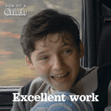 a picture of a boy with the words excellent work on it