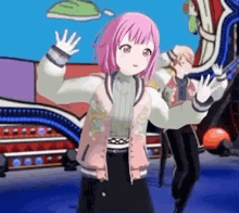 a girl with pink hair is wearing a pink jacket and waving her hands in a video game .