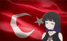 a girl with black hair is holding a glass in front of a flag