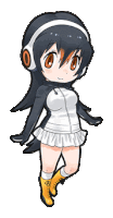 a penguin girl wearing headphones and a white skirt