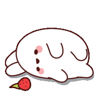 a cartoon drawing of a rabbit laying on the ground with a strawberry on the ground