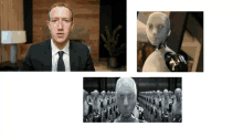 a man in a suit and tie is shown next to a group of robots