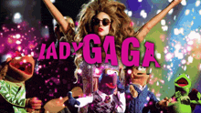 lady gaga is surrounded by muppets and confetti