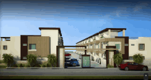 a red car is parked in front of a building that says ' residence ' on it