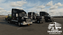 three semi trucks are parked in a parking lot with a polish transport logo