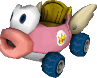 a pink and white cartoon car with a crown on the side