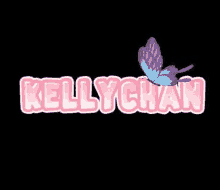 a pink and blue butterfly is flying over the word kellychan .