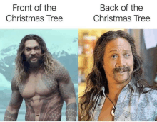 front of the christmas tree and back of the christmas tree with a picture of a man with long hair