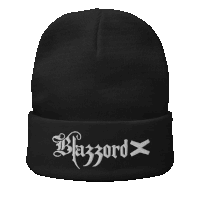 a black beanie with the word blazzard x on it