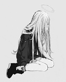 a black and white drawing of a girl with a halo covering her face .