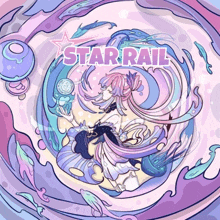 a colorful drawing of a girl with the words starrail on the top