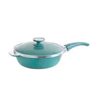 a turquoise frying pan with a glass lid on a white background