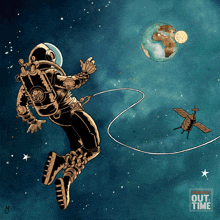 a drawing of an astronaut floating in space with the words out time below him