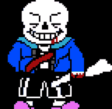 a pixel art drawing of a skeleton with blood coming out of his mouth holding a knife .