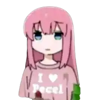 a girl with pink hair is wearing a shirt that says " i love pecel "