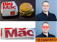 a mcdonald 's big mac box next to a hamburger and a man 's face