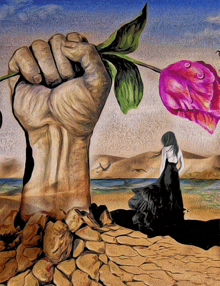 a painting of a fist holding a flower with a woman standing in the background