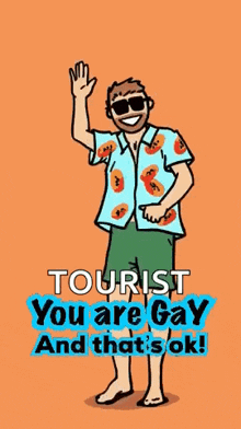 a cartoon of a man wearing sunglasses and a shirt that says tourist you are gay and that 's ok !