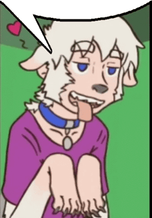 a cartoon of a dog wearing a purple shirt and a blue collar sticking its tongue out