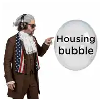 a man in a suit is pointing to a housing bubble