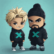 a boy and a boy are standing next to each other and the boy is wearing a black hoodie with an x on it