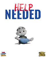 a cartoon character is laying on his back with the words help needed above him