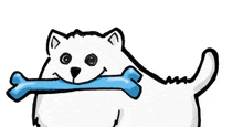 a cartoon drawing of a dog holding a blue bone in its mouth .