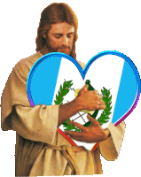 a painting of jesus holding a heart with the flag of guatemala in it