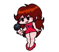 a cartoon girl is holding a microphone and wearing a red dress
