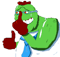 a green cartoon character with glasses and a blue tie giving a thumbs up