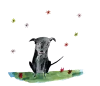 a drawing of a black dog with flowers around it