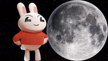 a stuffed bunny standing next to a full moon in space