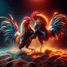 two roosters are standing next to each other in the sand