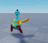 a colorful cartoon character with a hat on his head is walking on a tiled floor
