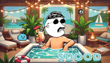 a cartoon of a man holding a drink in a pool with $ dood written on the bottom