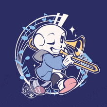 a cartoon drawing of a skeleton playing a trombone with music notes around him