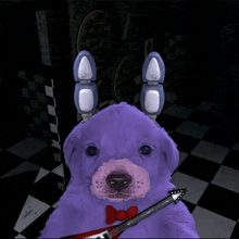 a purple teddy bear is holding a guitar in a dark room