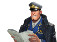 a man in a navy uniform is smiling while holding a map