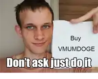 a man is holding up a sign that says buy vmumdoge