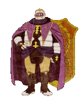 a man in a purple cape is standing in front of a shield with the letter o on it