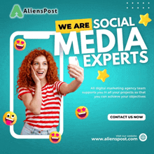 an advertisement for alienspost shows a woman taking a selfie on her phone