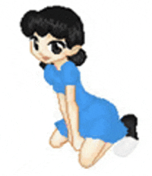 a cartoon girl in a blue dress is kneeling on the floor .