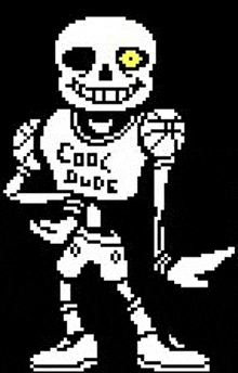 a pixel art of a skeleton wearing a shirt that says `` cool dude '' holding a basketball .