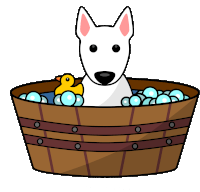 a white dog is taking a bath in a wooden bucket