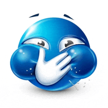 a blue smiley face is covering its mouth with a white hand