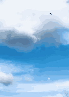 a bird is flying in a cloudy blue sky